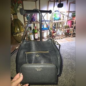 ♠️Kate Spade♠️ Black Pebbled Leather Shoulder Hobo Bag with Matching Wallet